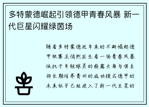 多特蒙德崛起引领德甲青春风暴 新一代巨星闪耀绿茵场 多特蒙德崛起引领德甲青春风暴 新一代巨星闪耀绿茵场