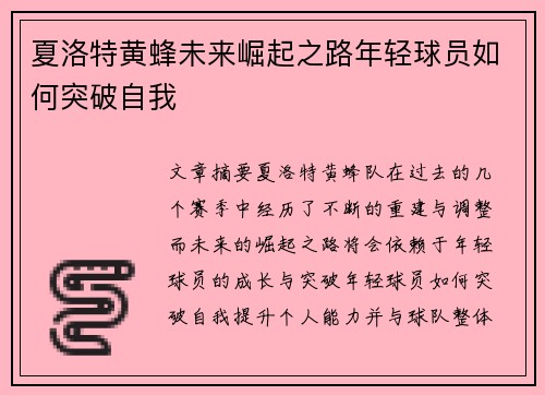 夏洛特黄蜂未来崛起之路年轻球员如何突破自我 夏洛特黄蜂未来崛起之路年轻球员如何突破自我